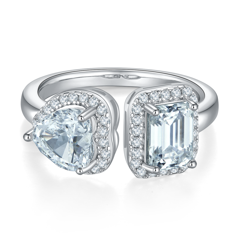 心形冰花切AND长方MoissaniteS925银镀白金Women's Ring1ctD级